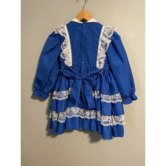 Vintage Marthas Miniatures Girls Dress Size 4T Blue Satin Ruffle Lace Pageant - Picture 3 of 8